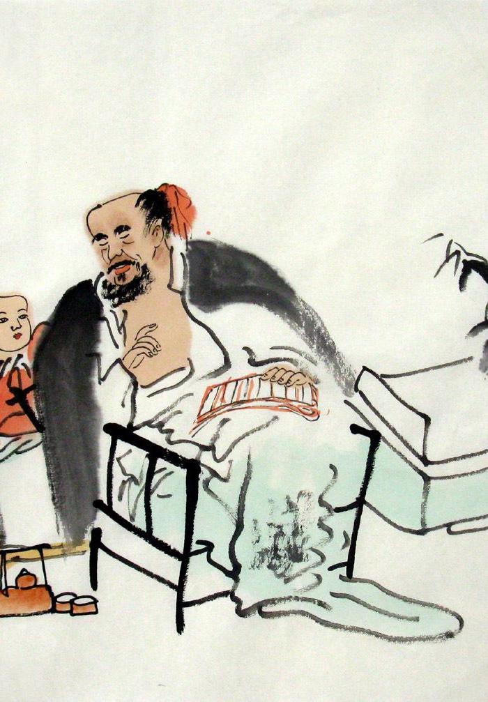 西平国画手绘无款小品写意人物画趣味人物喝茶下棋图