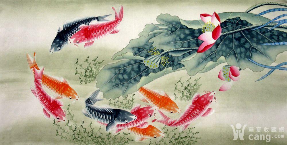 韦娟原稿国画手绘花鸟四尺无款工笔荷花九鱼图