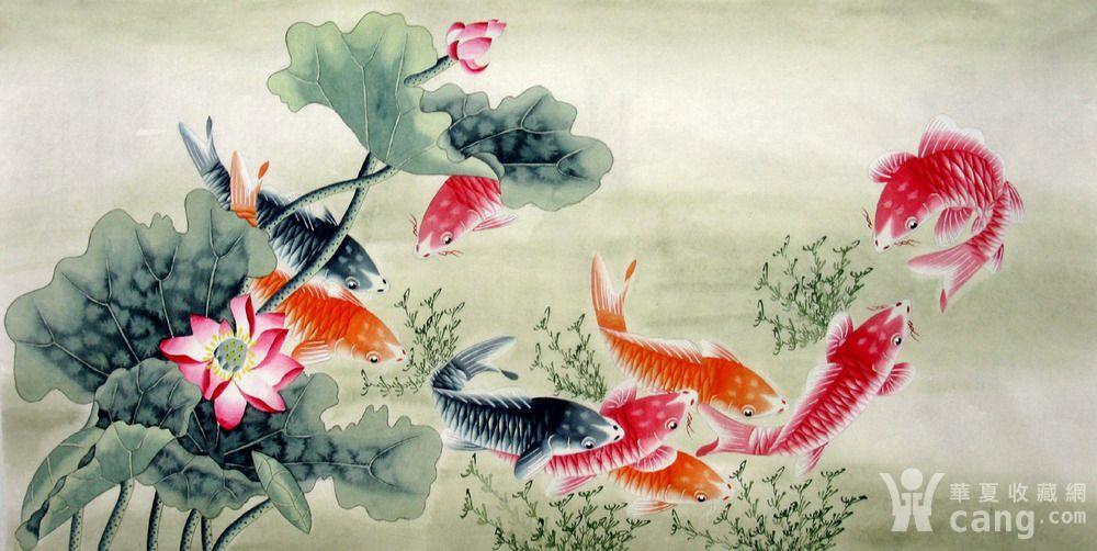 韦娟原稿国画手绘花鸟四尺无款工笔荷花九鱼图