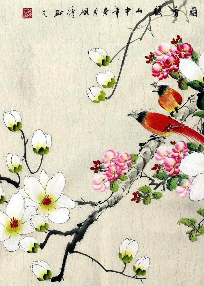 莫砚清 真迹 手绘国画字画 小写意玉兰花四尺斗方花鸟