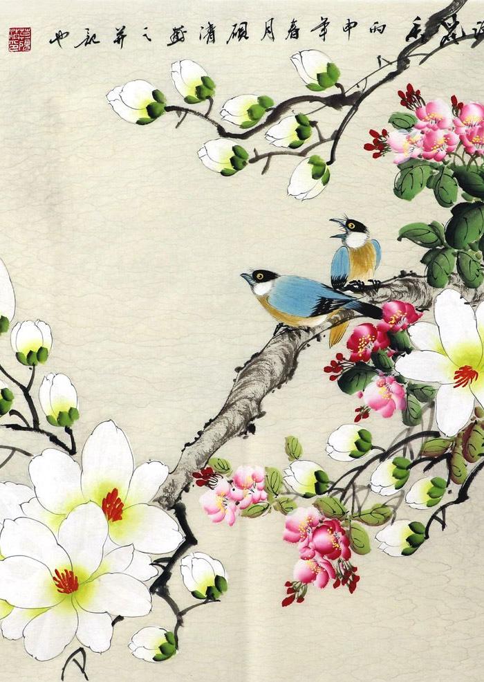 莫砚清 真迹 手绘国画字画 小写意玉兰花四尺斗方花鸟