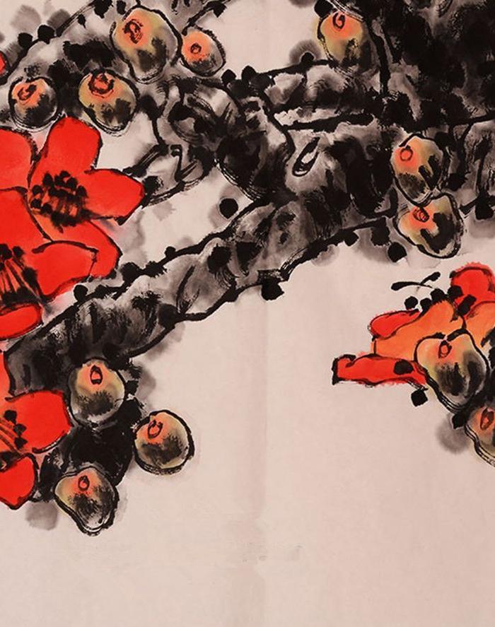 陈永锵四尺三开红棉手绘