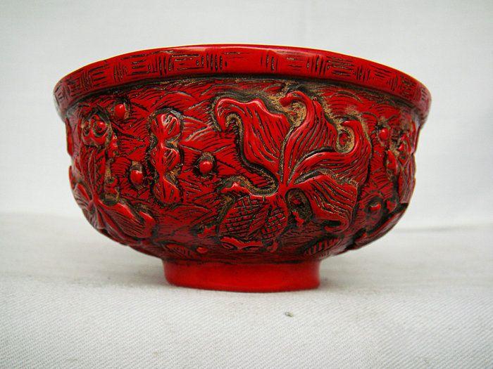 清代牛血红老漆器金玉满堂碗11x5.5厘米