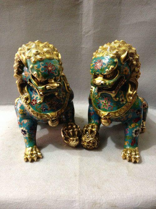 珐琅彩掐丝鎏金瑞兽狮子一对