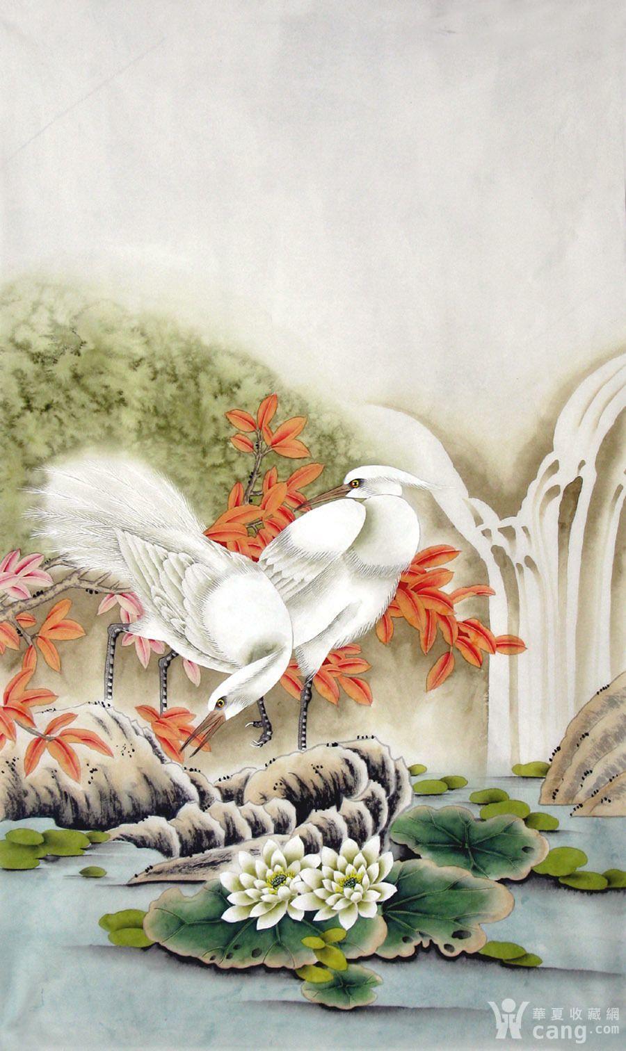 国安真迹 手绘竖幅 工笔花鸟画牡丹画白鹭图