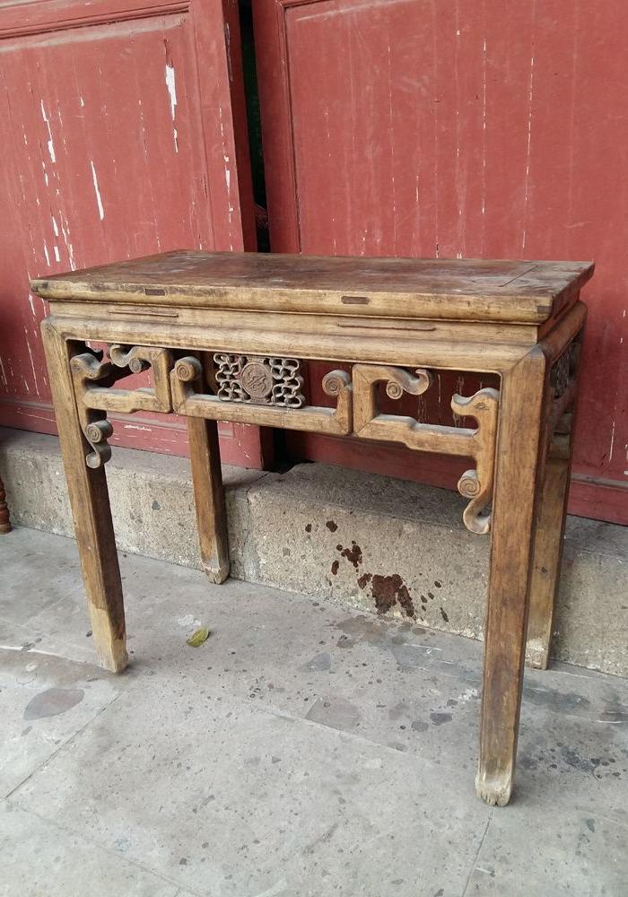 【江啸堂】藏品 古玩 清中期老柏木半桌1张雕花老木桌 古董