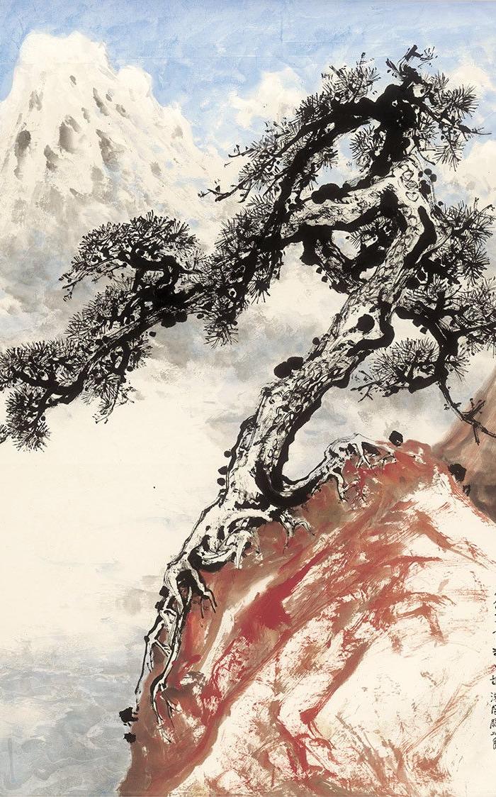 近现代-关山月-石上松