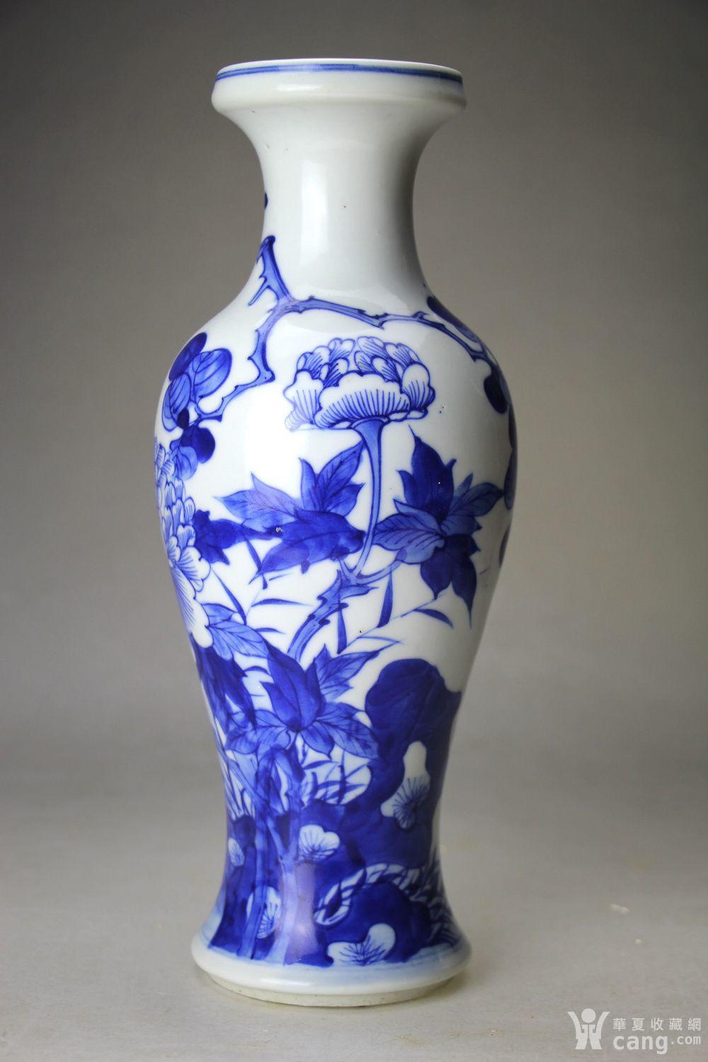 清光绪细路青花富贵白头纹盘口观音瓶