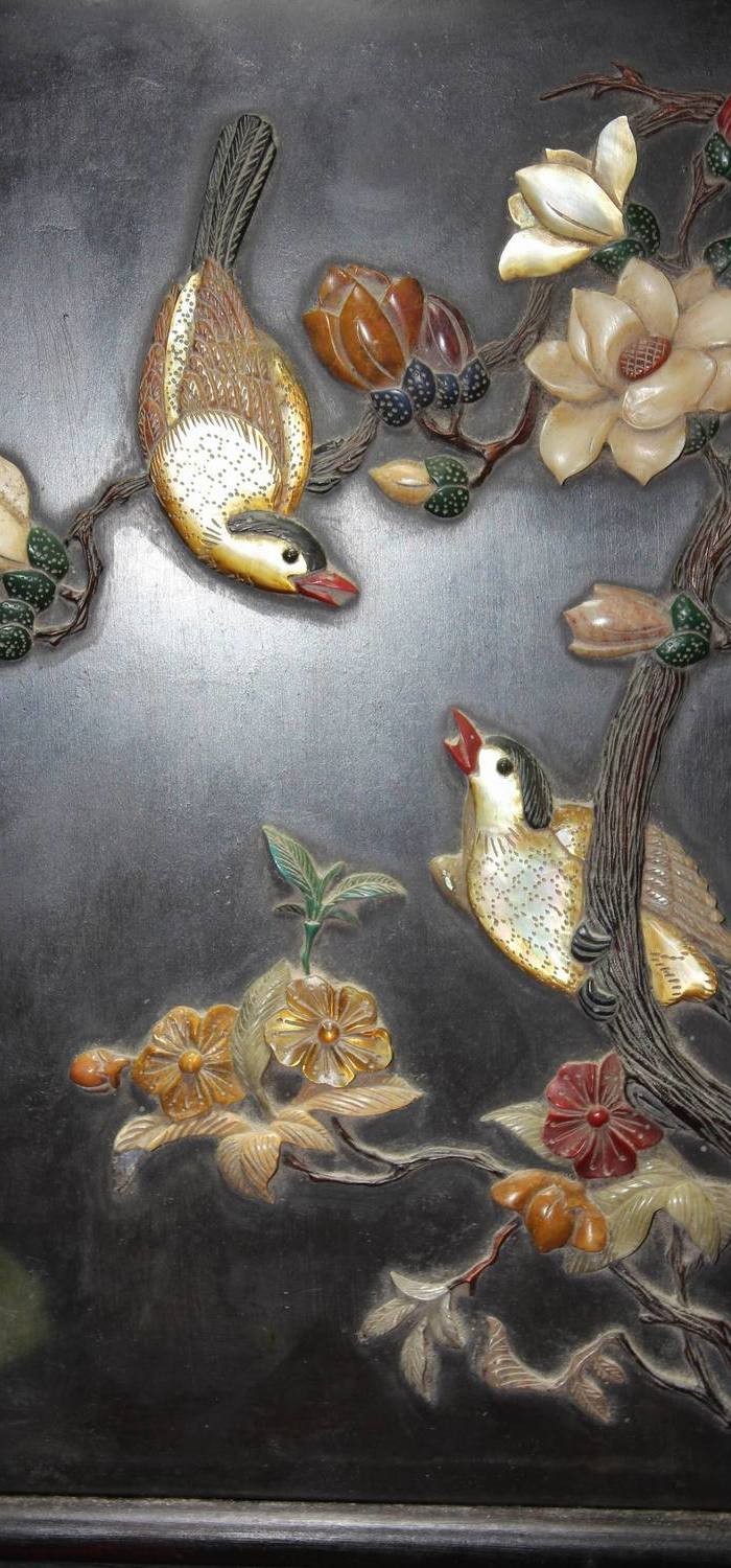 石头镶嵌八宝双鸟屛