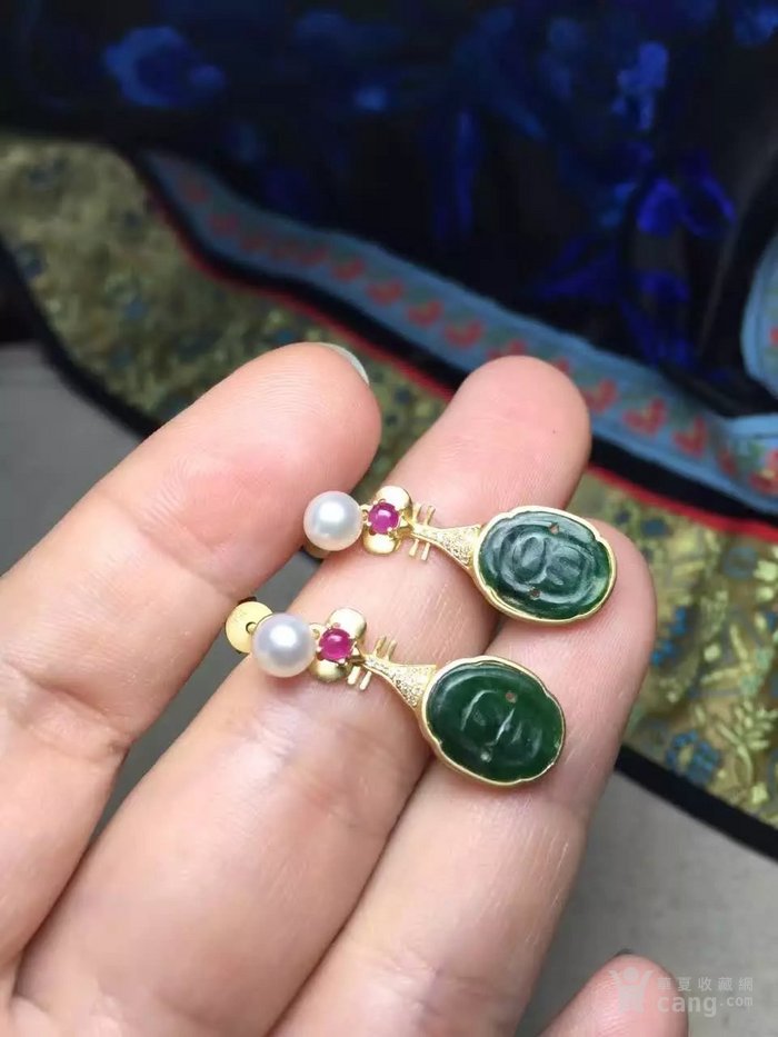 笔墨紫燕┋18k金镶钻石民国老翡翠红宝珍珠蝙蝠琵琶耳钉
