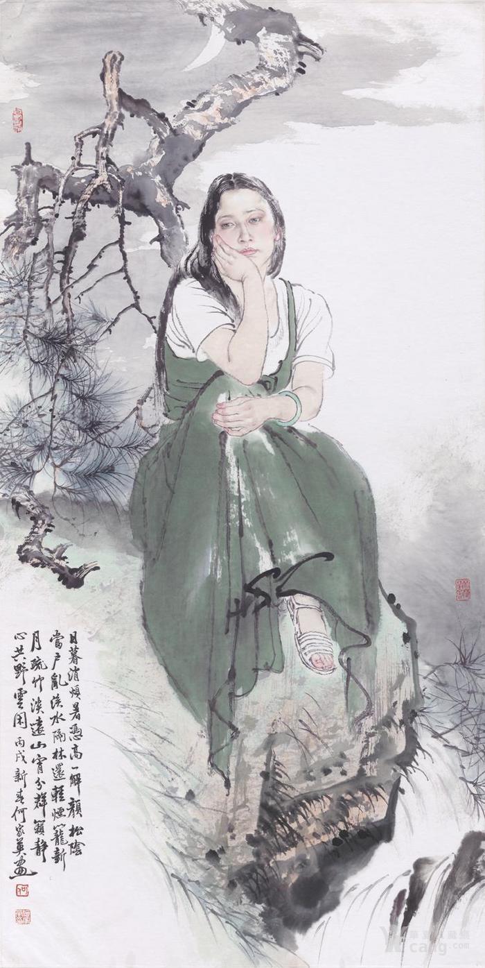 何家英清署图有意境的写意人物画月光