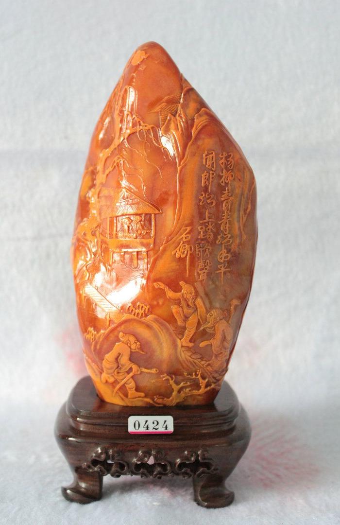 精品寿山带*田黄石浮雕人物摆件石卿款带权威检测证书