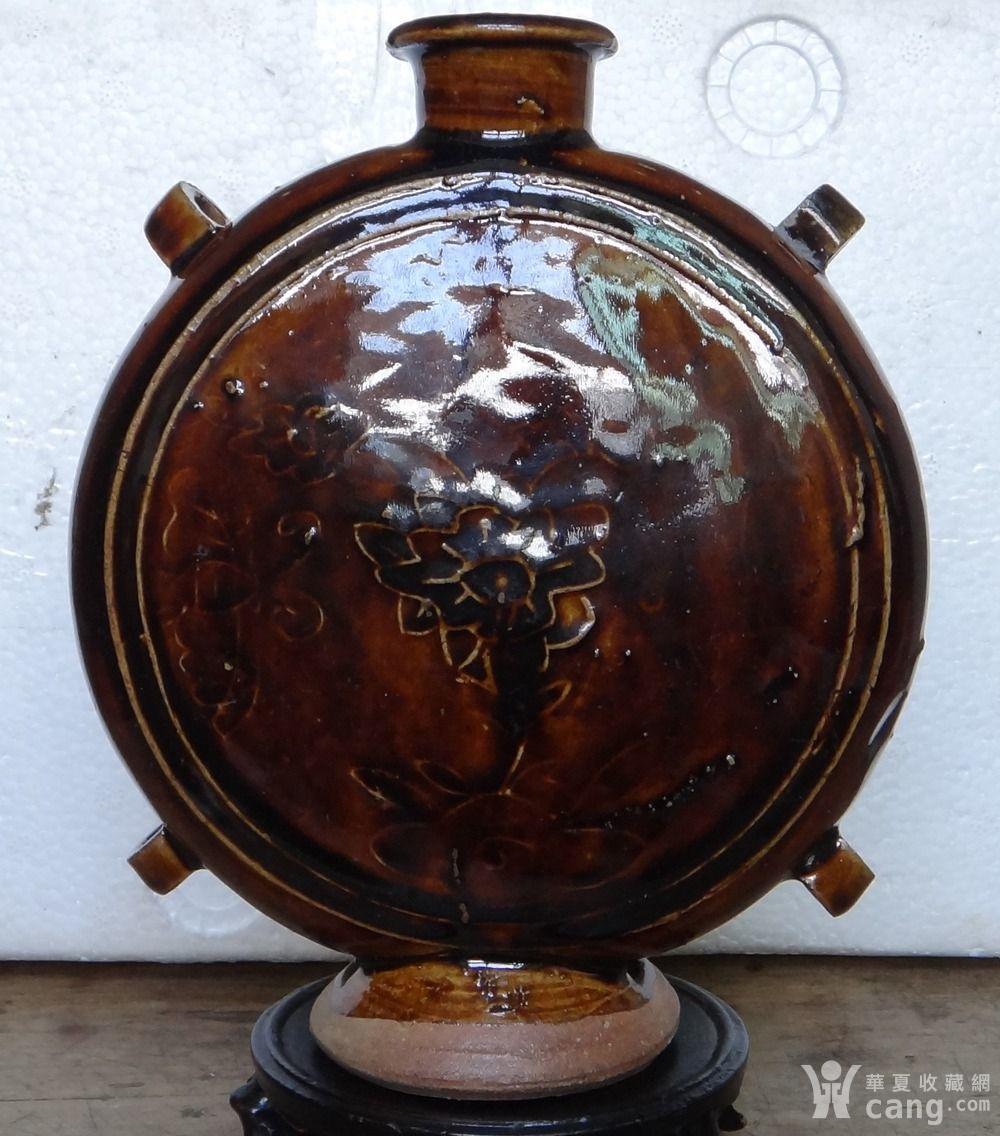 【辽金】金酱釉暗刻花卉纹四系扁壶 全品包老