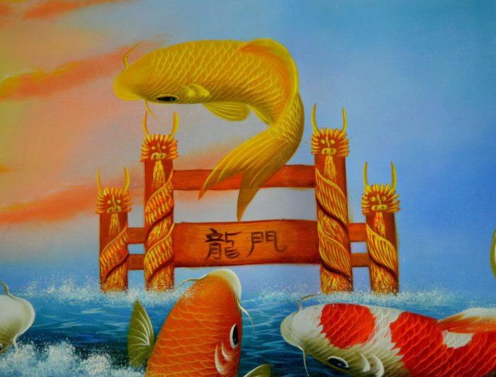 鲤鱼跃龙门油画一幅