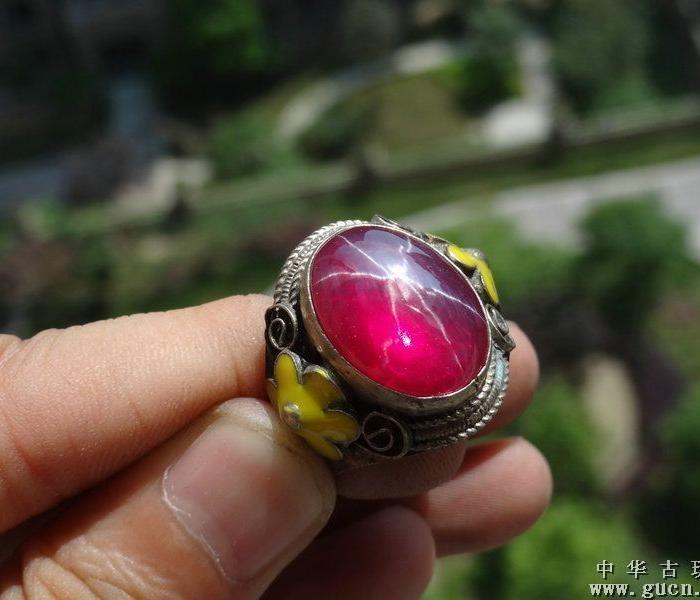 清代老银镶嵌星光碧玺戒指