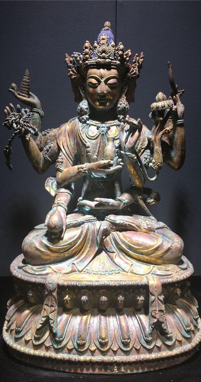 铜鎏金三头八臂佛