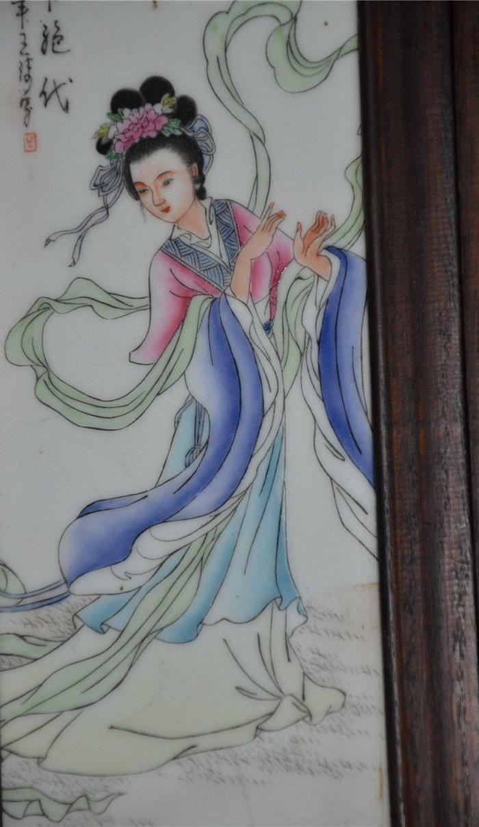 民国王涛作粉彩古典四美瓷板画四条挂屏34*15