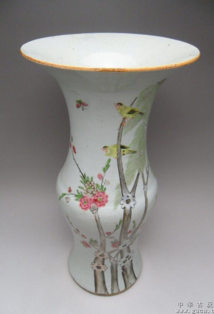 全品民国~早期粉彩柳树黄莺大花觚一件