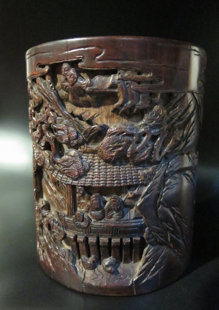 清代名家;朱文又刻竹雕笔筒