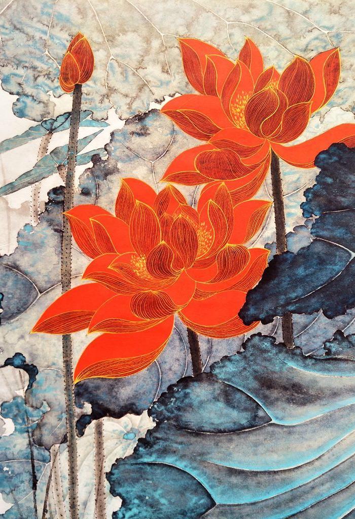 张大千.彩墨荷花