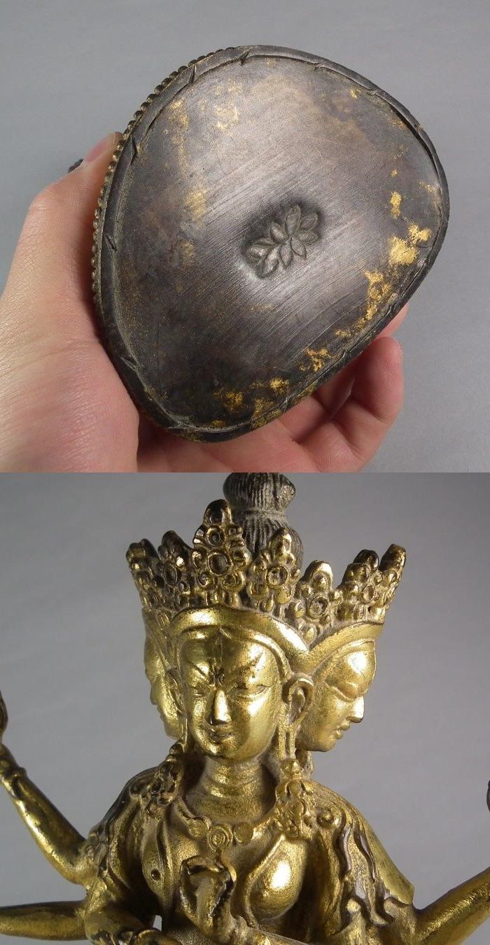 明代铜鎏金莲花座三面佛大坐像