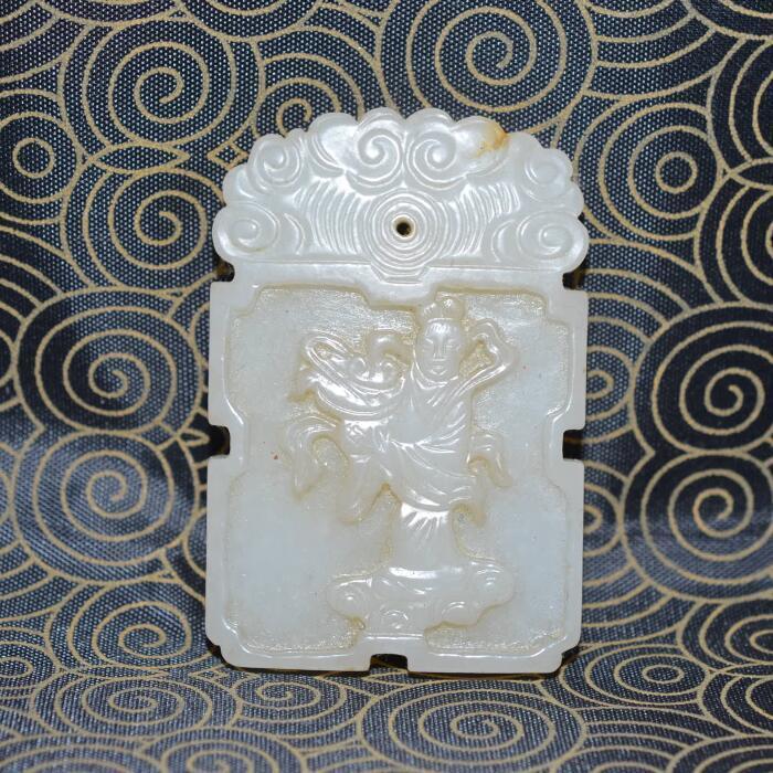 古玩古董古玉清代和田玉老件浮雕仙女纹玉牌