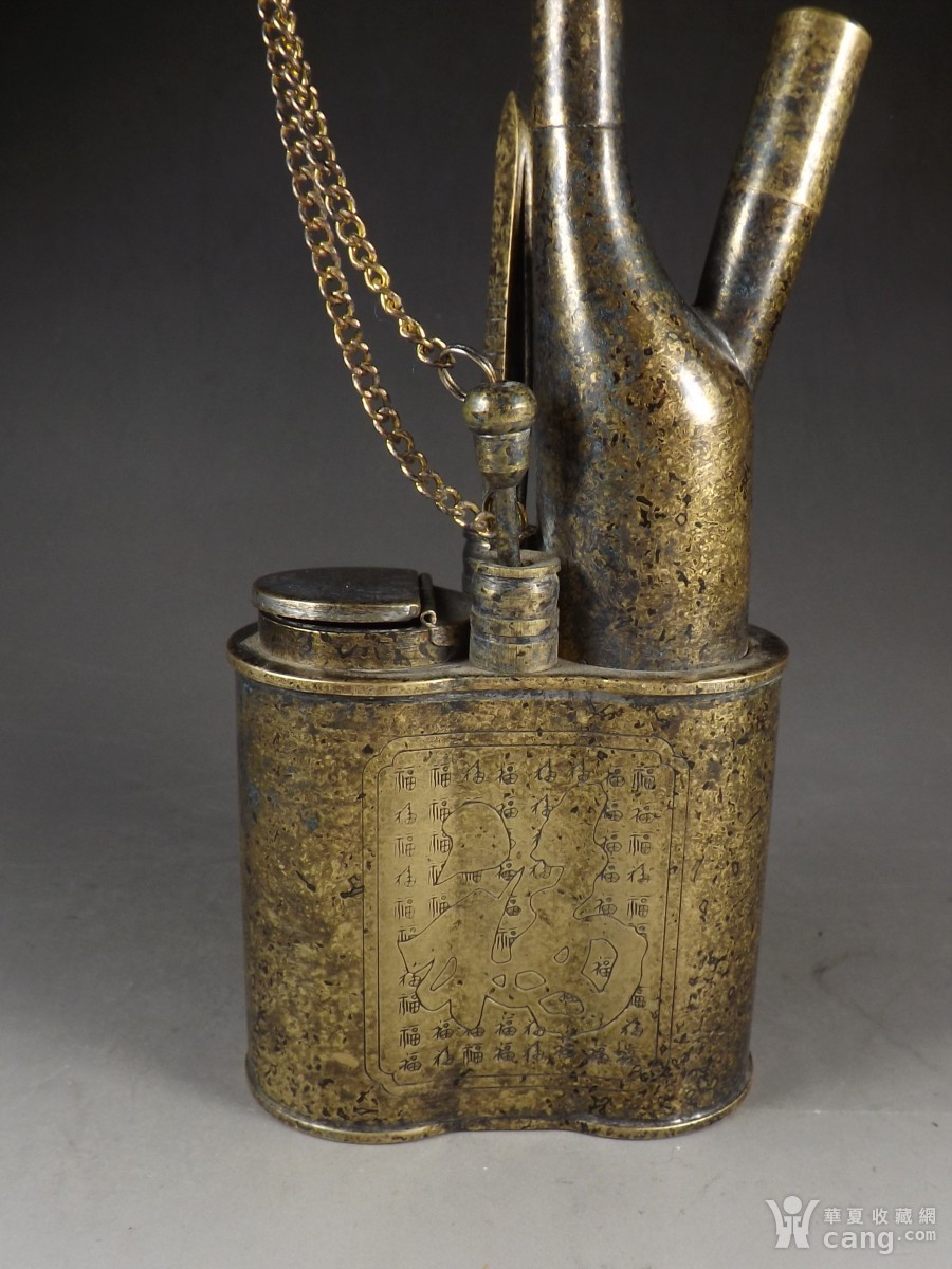 清代晚期.老黄铜福字大烟杆