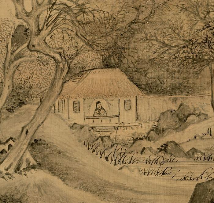 明 赵左-茅屋闲眺图-绢