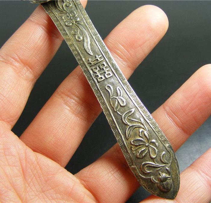 大开门 清代老银鎏金模印錾刻囍字花卉和合二仙大如意型扁簪