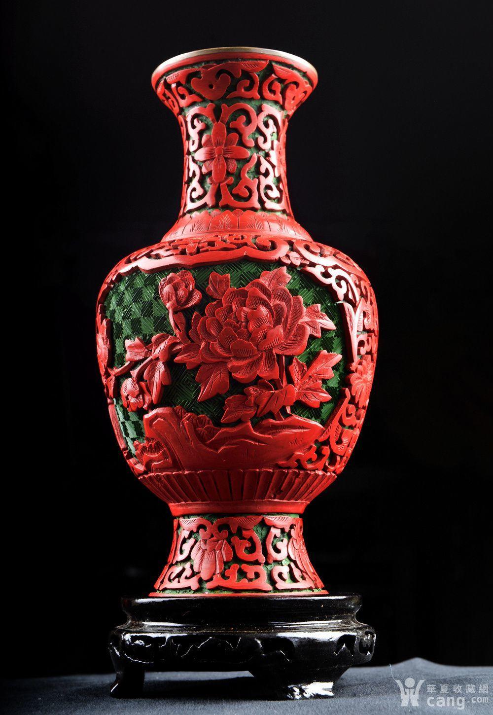 北京雕漆老货海外回流21cm 绿地雕漆剔红观音瓶