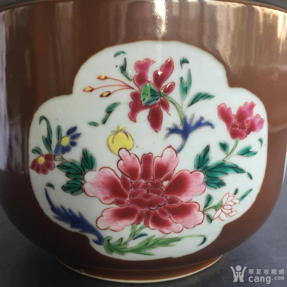 瓷器 明 雍正酱釉地开光粉彩花卉纹盖缸