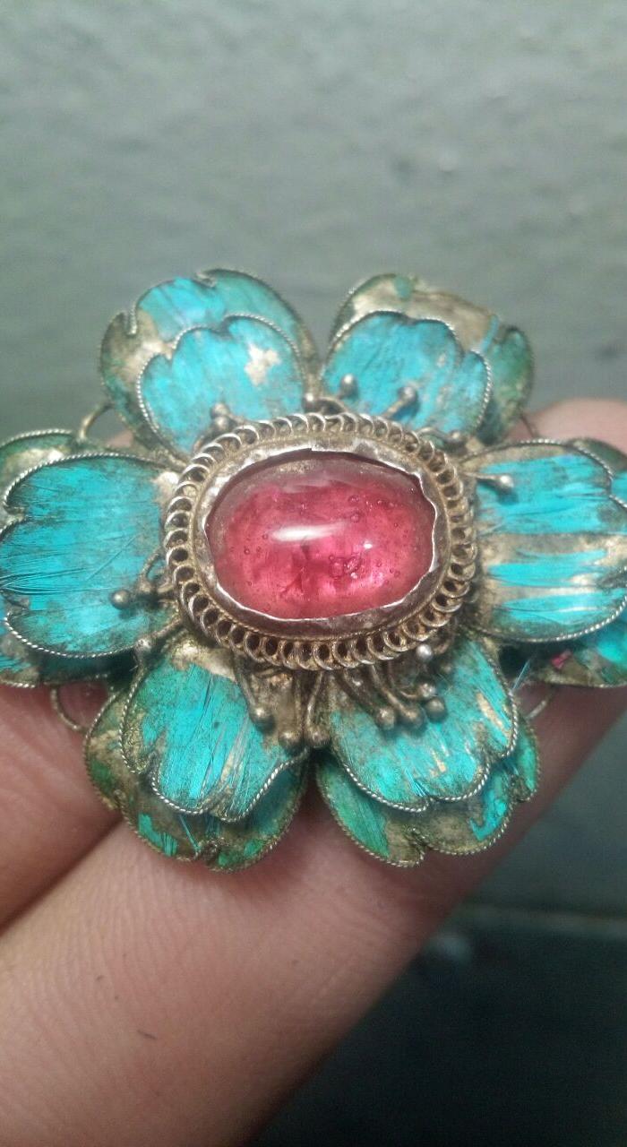 清代老银点翠帽花