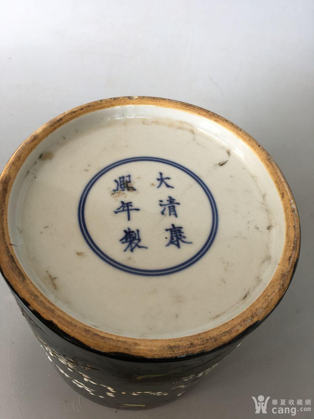 大清康熙年制黑釉粉彩白梅花笔筒,13517033319