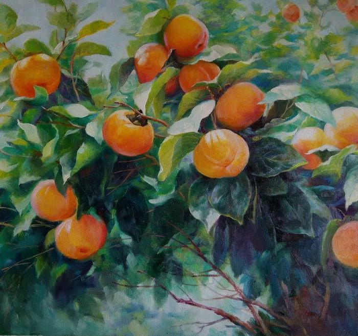 朝鲜 风景 油画 柿子树