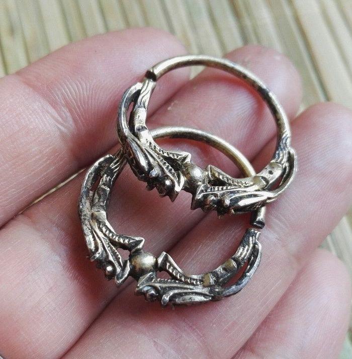 银鎏金双龙戏珠老耳环一对