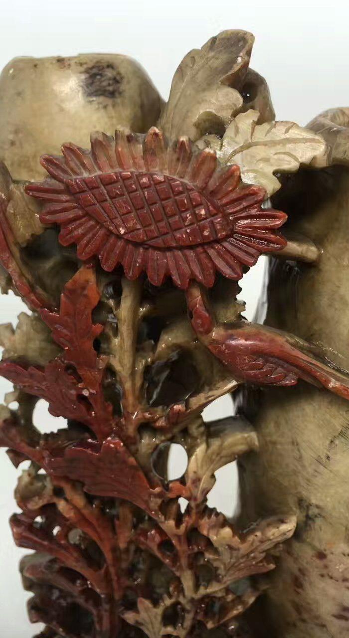 民国青田石雕花鸟纹花插摆件 4.15