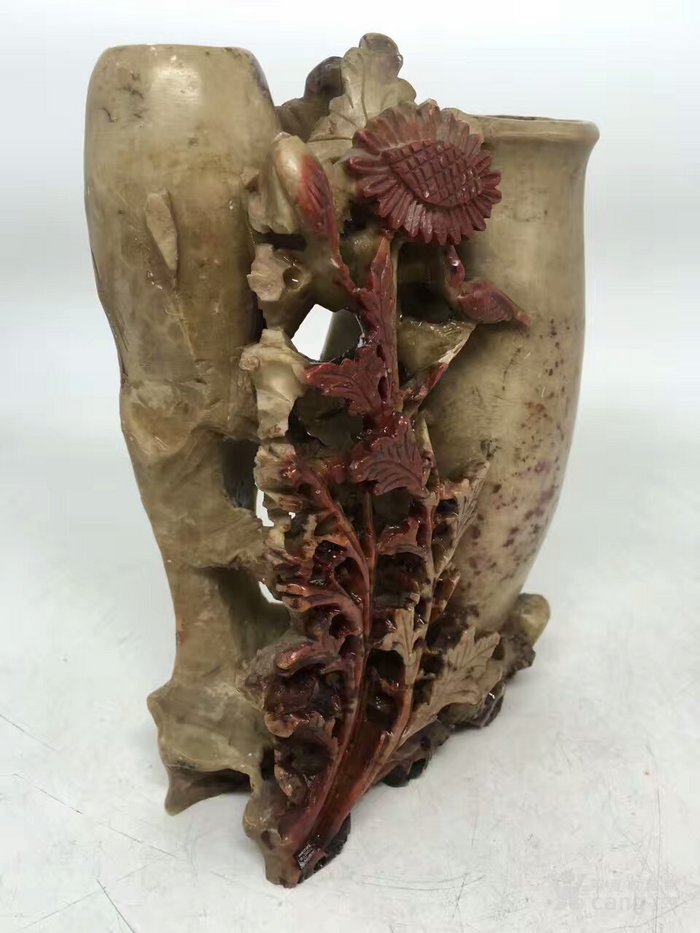 民国青田石雕花鸟纹花插摆件 4.15