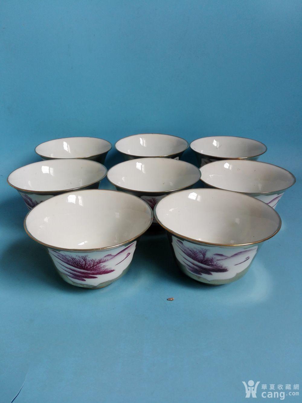 民国名家袁生盛作金彩开光珊瑚红山水纹茶盖碗8套(完美品)