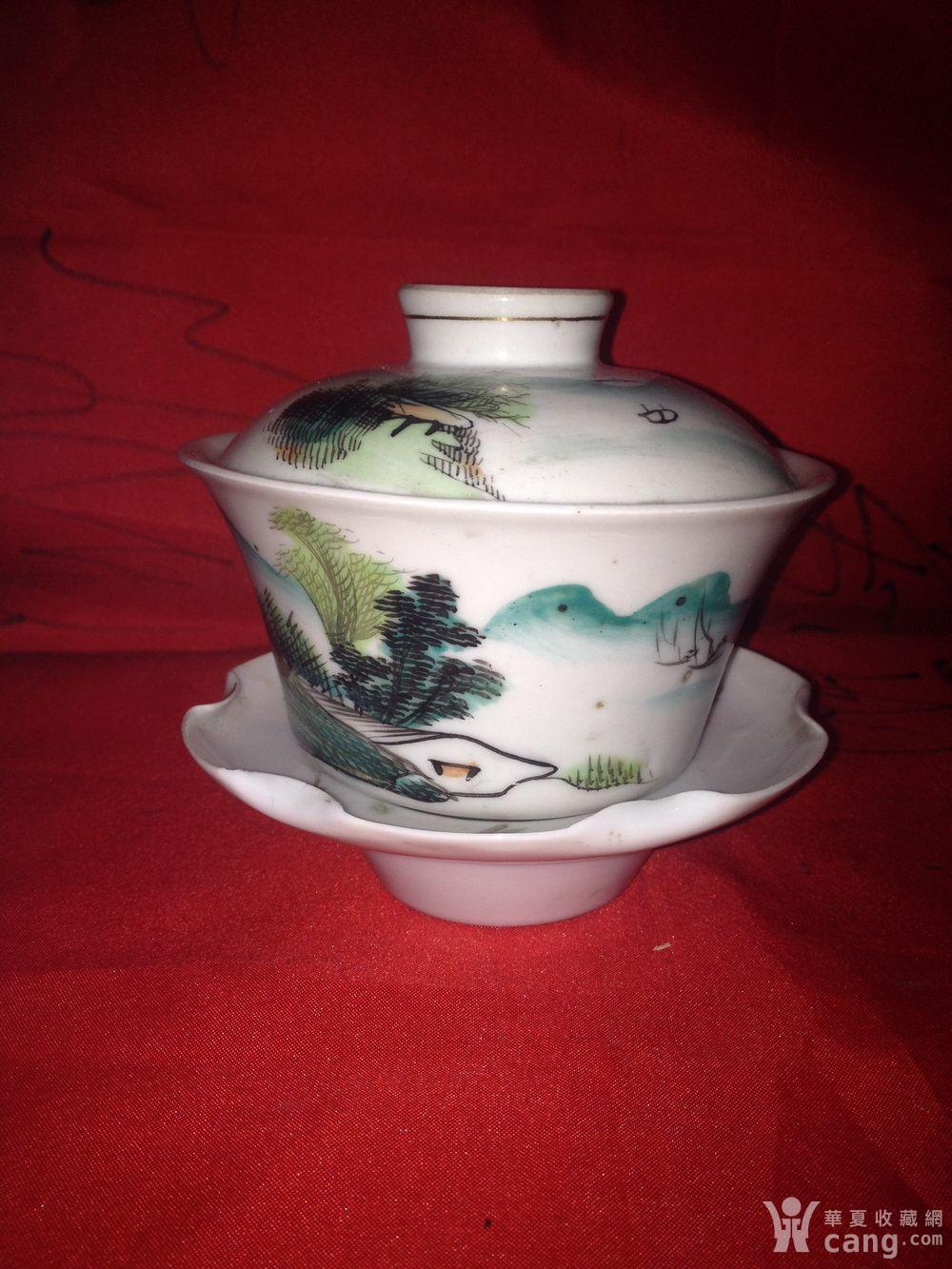 民国,浅绛彩山水三件盖碗