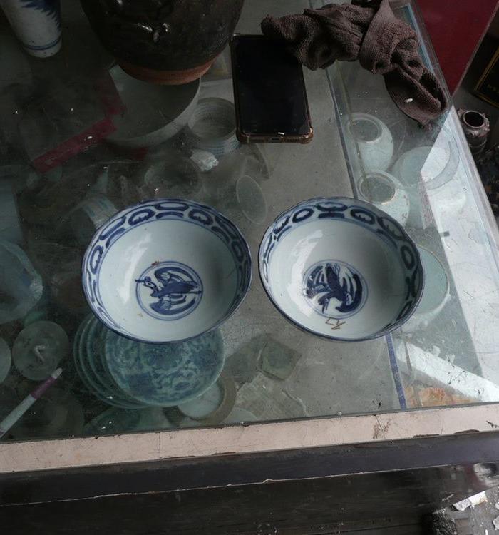 只做老货 标本清嘉庆团鹤渔樵耕读碗一对