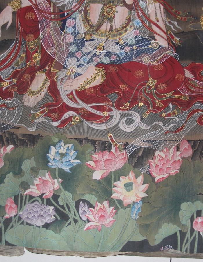 绢本壁画十八罗汉拜观音