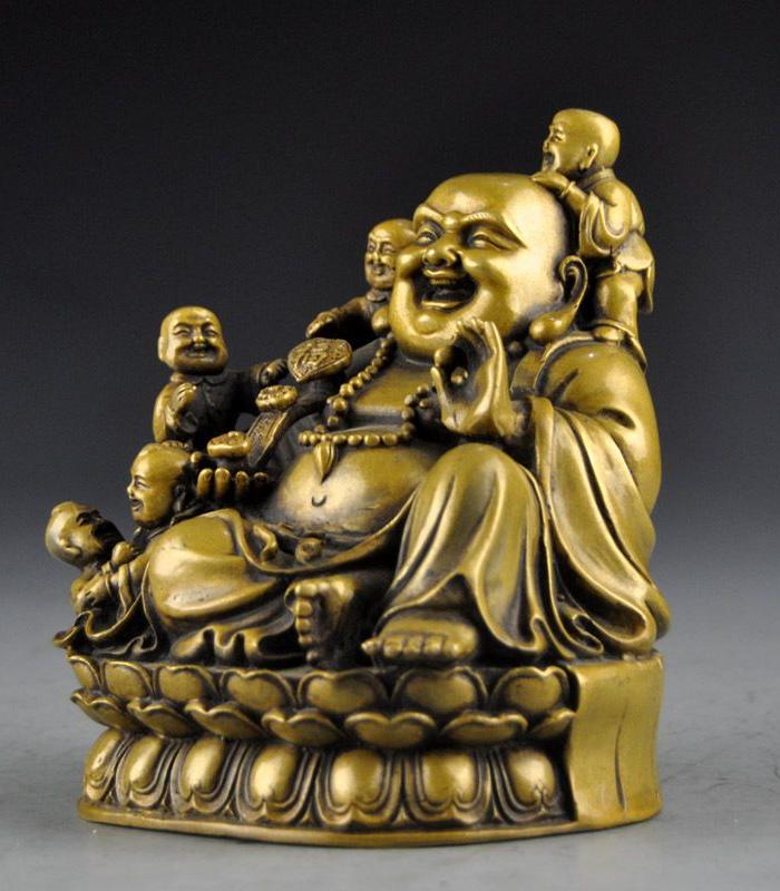 斑铜六子戏弥勒摆件