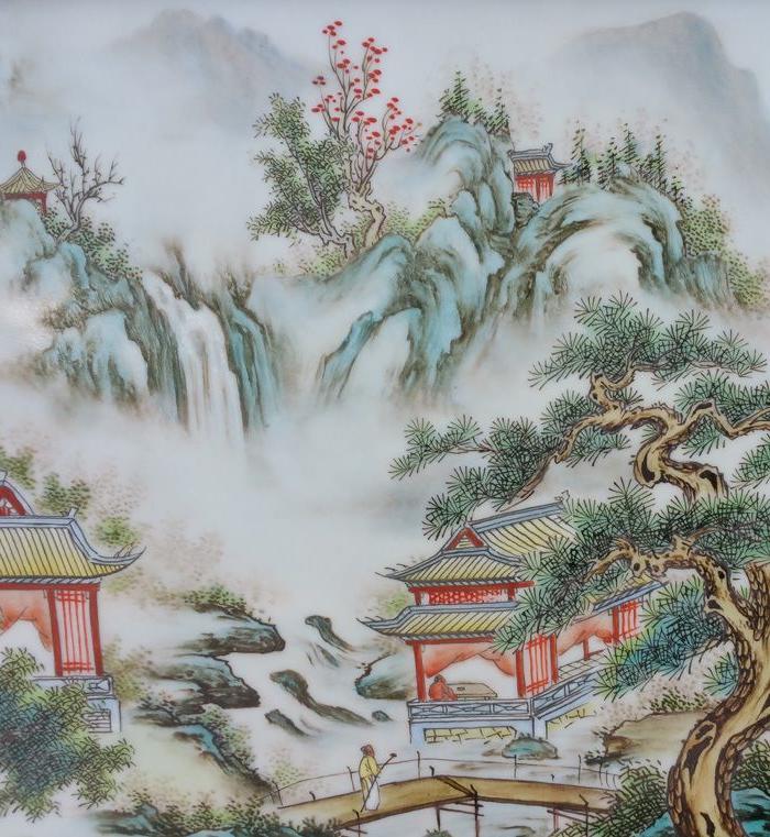 珠山八友汪野亭粉彩山水瓷板画两尺六挂屏