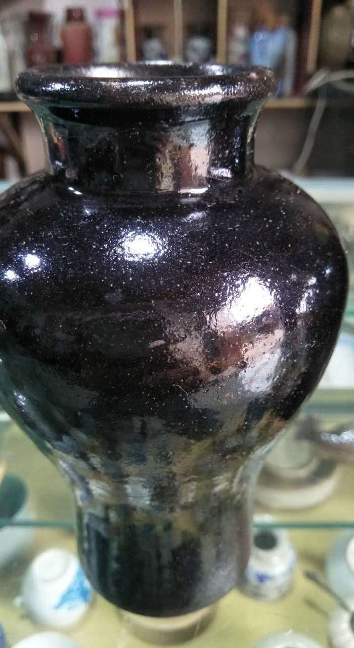 中国四大名陶荣昌安陶名誉品油滴黑釉小观音瓶一对