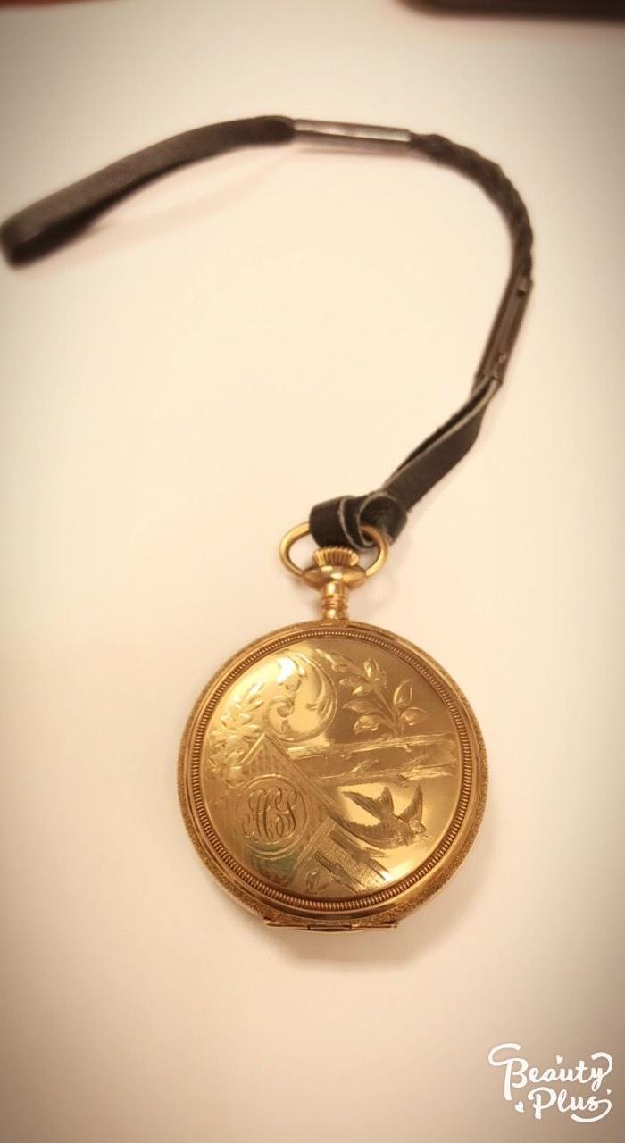 1908年古董华生waltham14k镀金三门飞鸟花卉大怀表