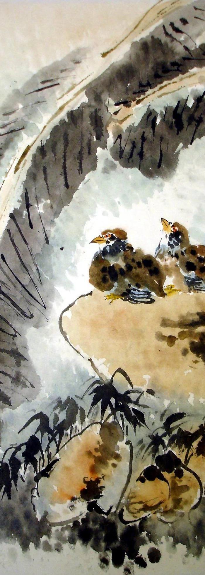 天津国画大家 孙其峰 芭蕉双雀图 纸本镜心