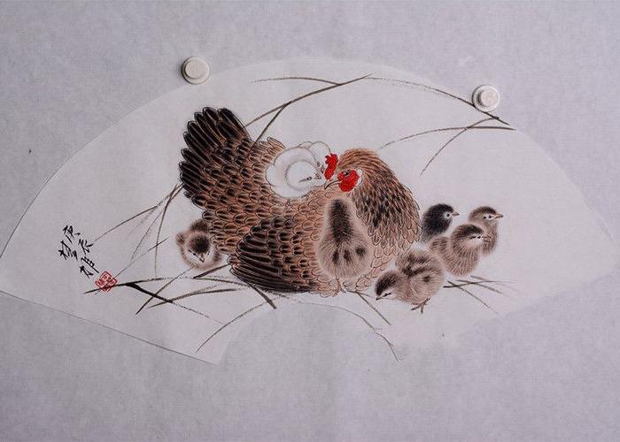 方楚雄扇面小品母鸡小鸡