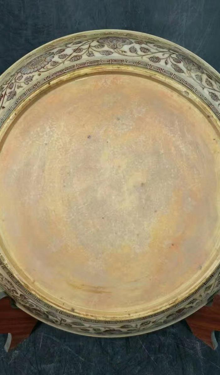 明洪武釉里红诗文盘子,直径宽41cm高10cm底足宽29cm