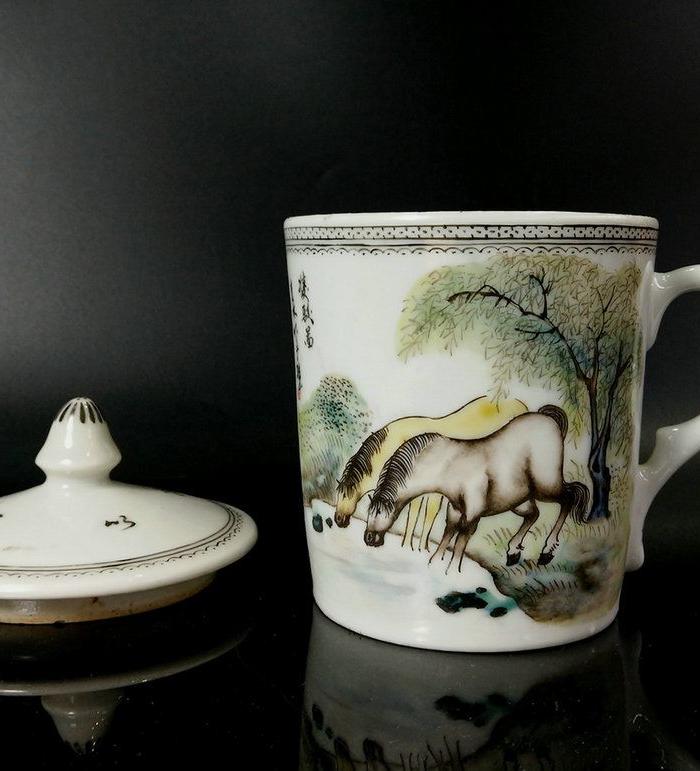 建国初期 名家袁林绘新粉彩骏马把杯 茶杯