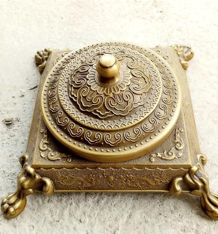 仿古黄铜双龙戏珠四足烟灰缸 如意龙纹精铜烟灰缸